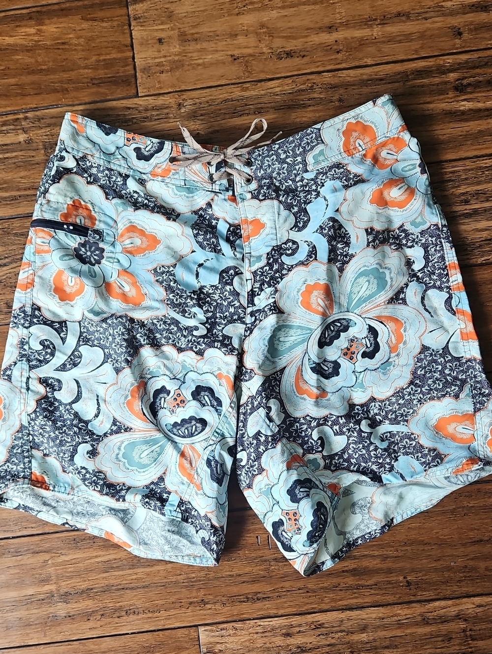 Patagonia Men's Floral Hybrid Shorts in Light Blue, Orange and Navy